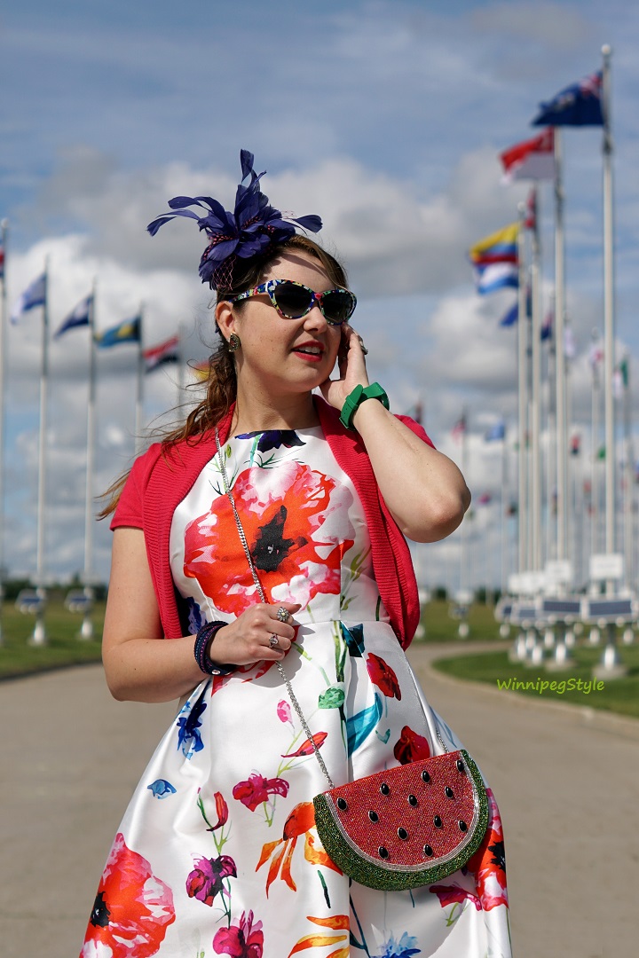 Winnipeg Style. Canadian style consultant stlyist, Chicwish bright floral midi dress, Mary Frances watermelon slice of life clutch bag, Tabbisocks watermelon clear crew ankle socks, Kate Spade jade watermelon flats, Kate Spade sunglasses